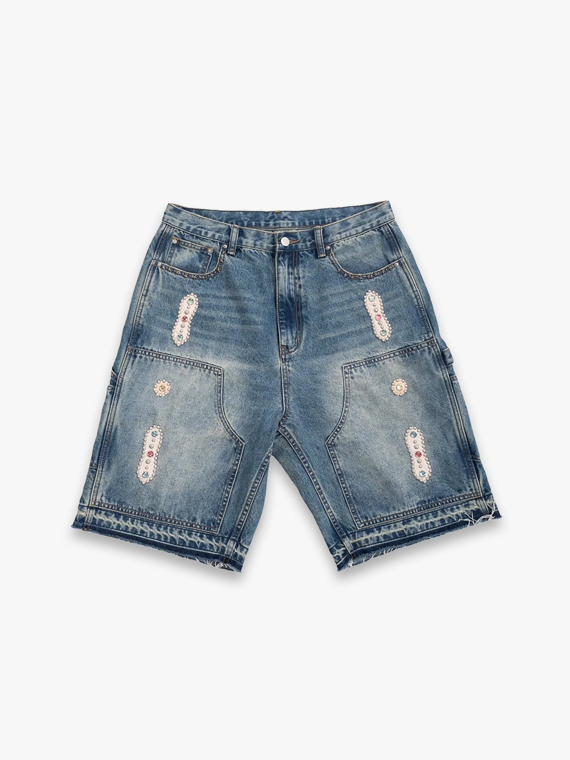 15 O.Z. EMBELLISHED DOUBLE KNEE DENIM SHORTS