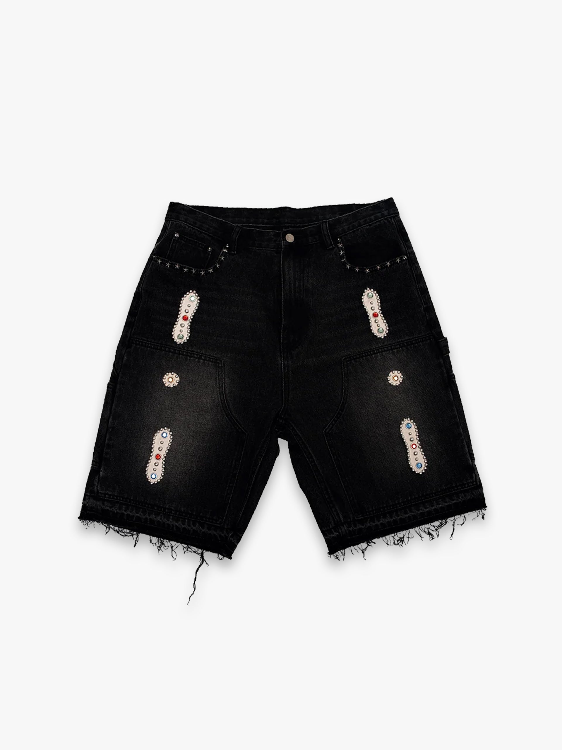 15 O.Z. EMBELLISHED DOUBLE KNEE DENIM SHORTS
