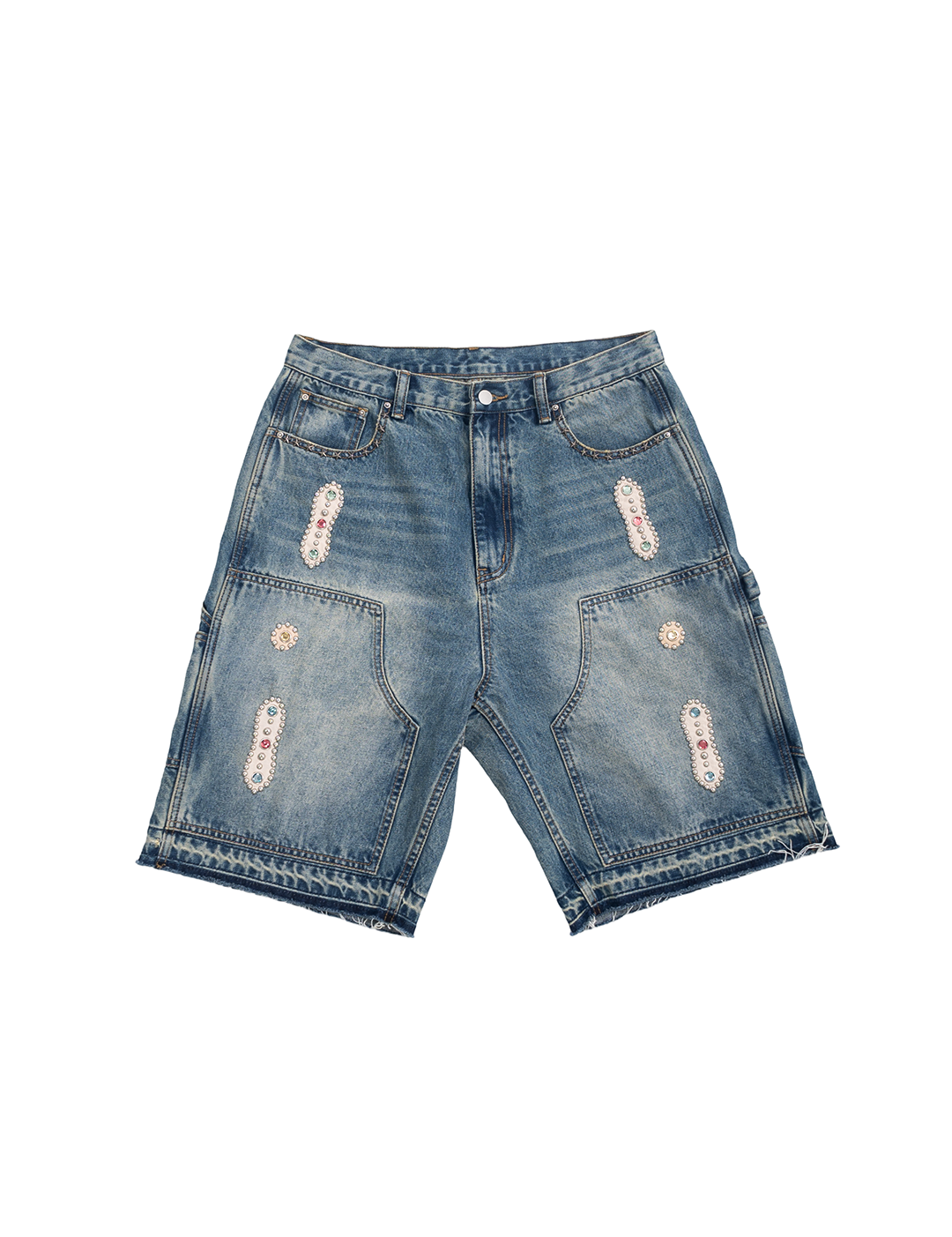 15 O.Z. EMBELLISHED DOUBLE KNEE DENIM SHORTS