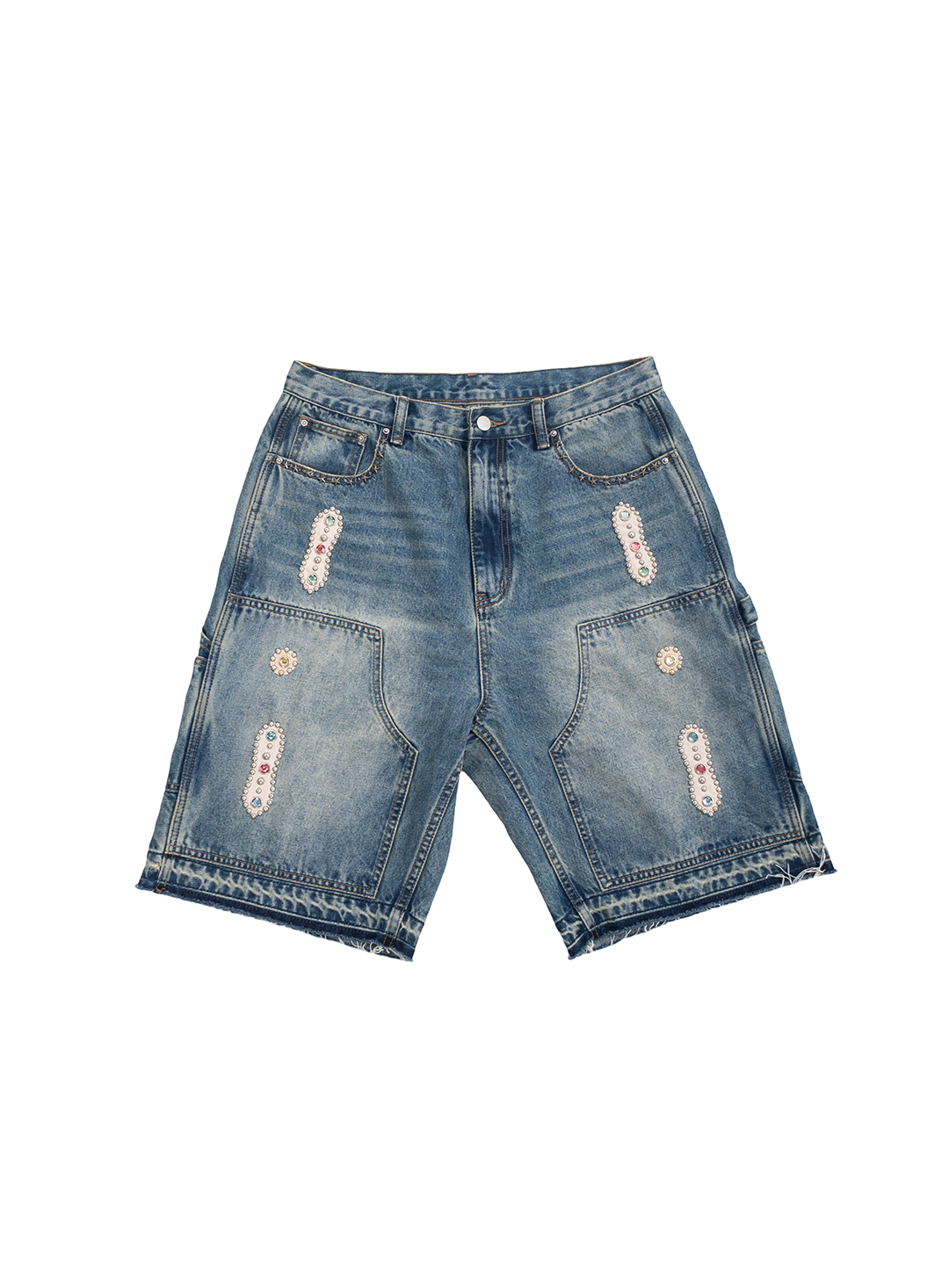 15 O.Z. EMBELLISHED DOUBLE KNEE DENIM SHORTS