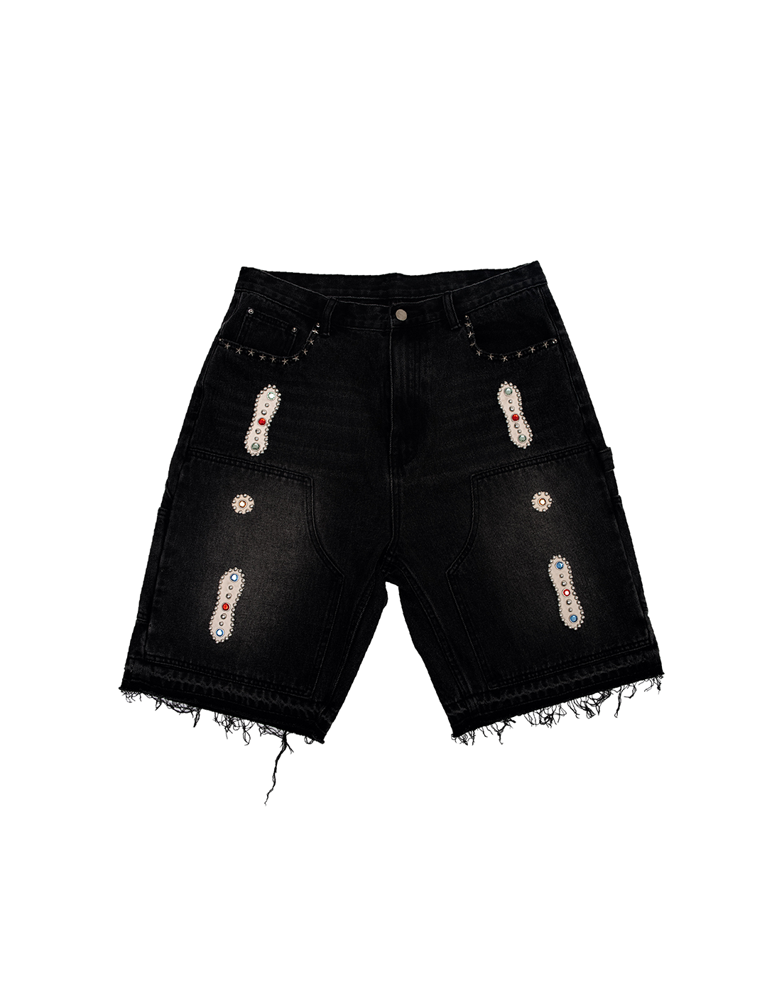 15 O.Z. EMBELLISHED DOUBLE KNEE DENIM SHORTS
