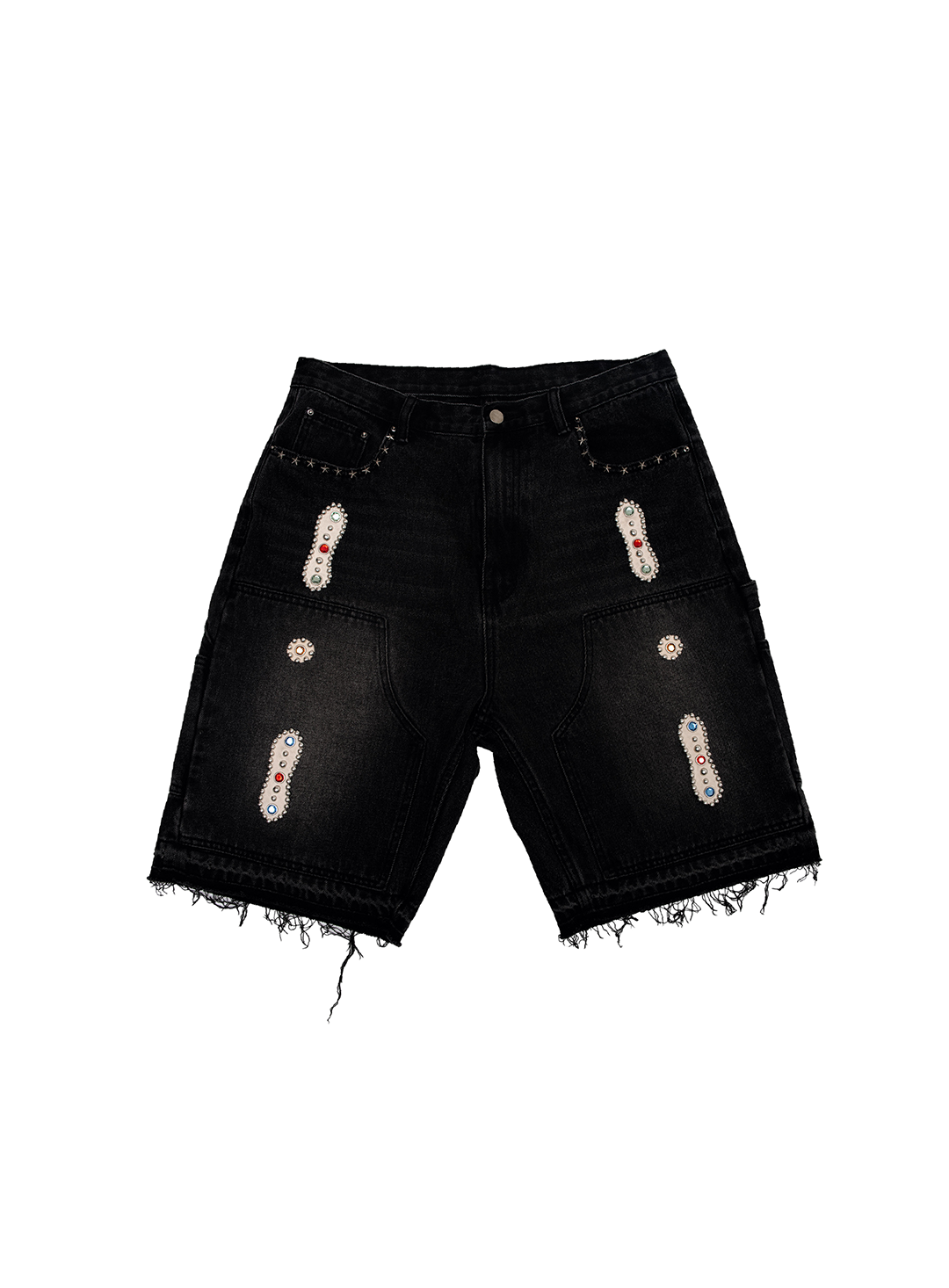 15 O.Z. EMBELLISHED DOUBLE KNEE DENIM SHORTS