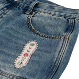15 O.Z. EMBELLISHED DOUBLE KNEE DENIM SHORTS