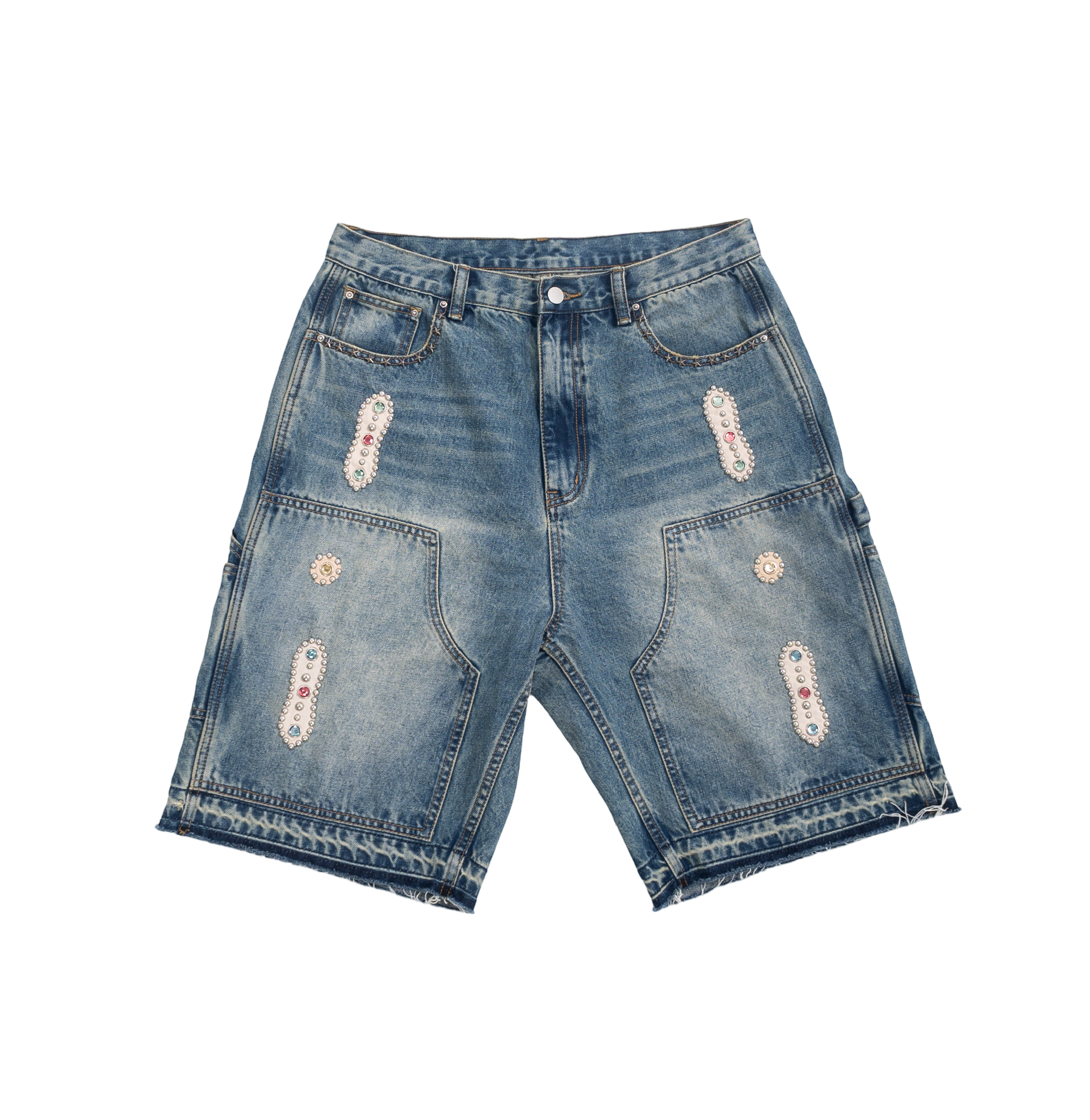 15 oz. Embellished Double Knee Denim Shorts – Sorrows 15 oz. Embellished Double Knee Denim Shorts – Sorrows