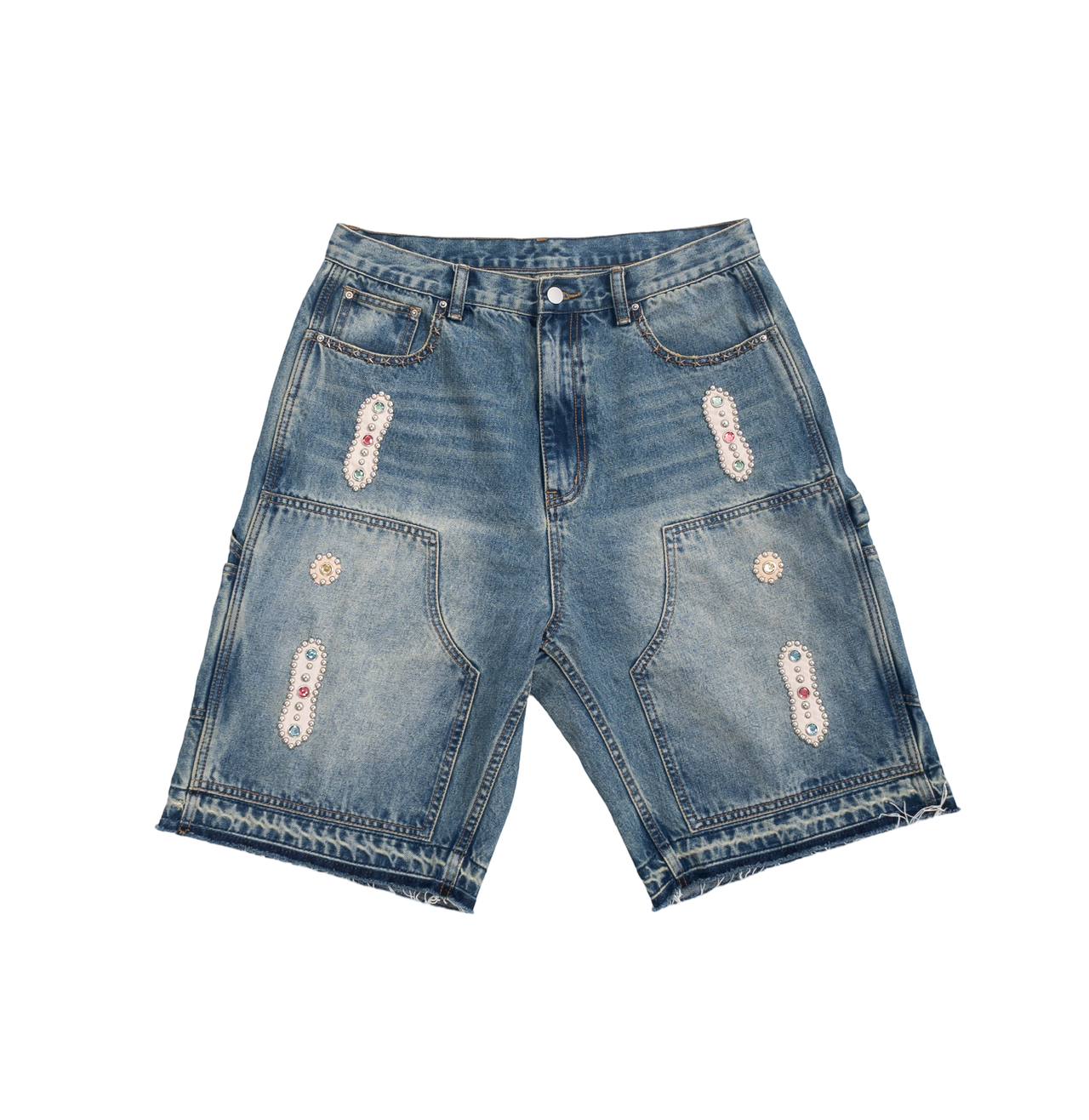 15 oz. Embellished Double Knee Denim Shorts