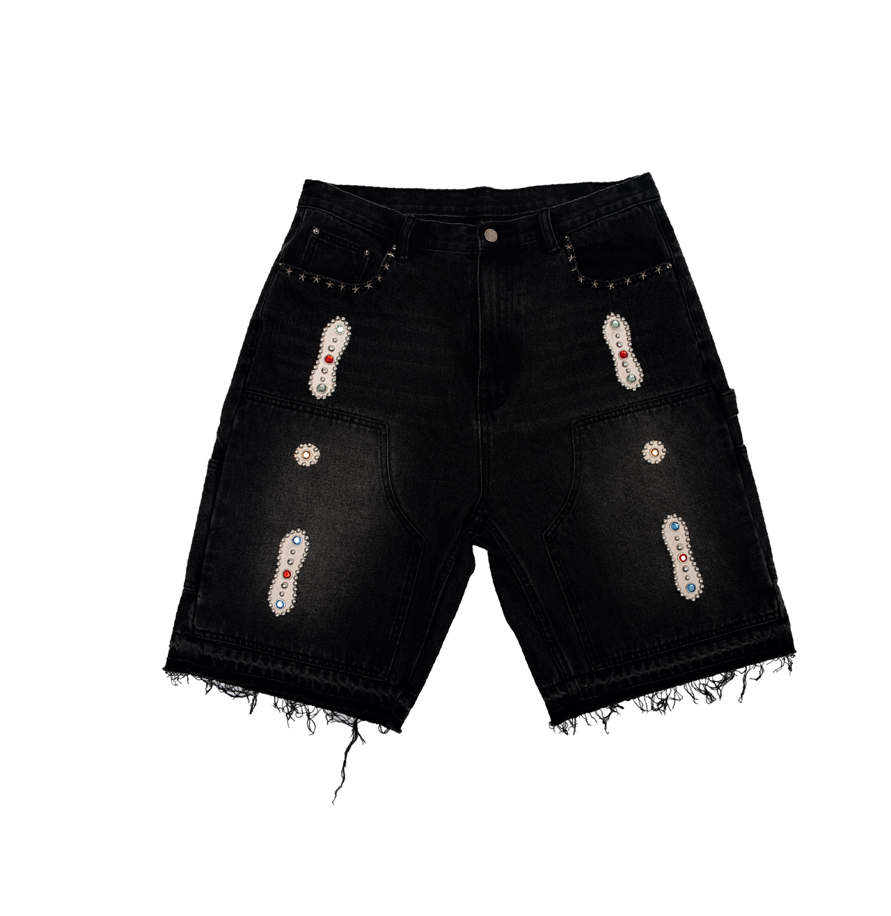 15 oz. Embellished Double Knee Denim Shorts